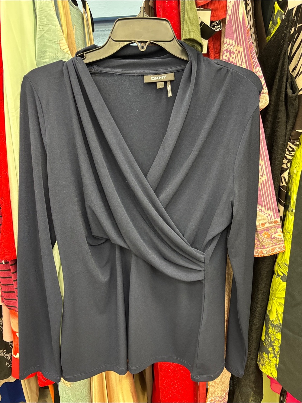 DKNY Navy Draped Wrap-Style Long Sleeve Top